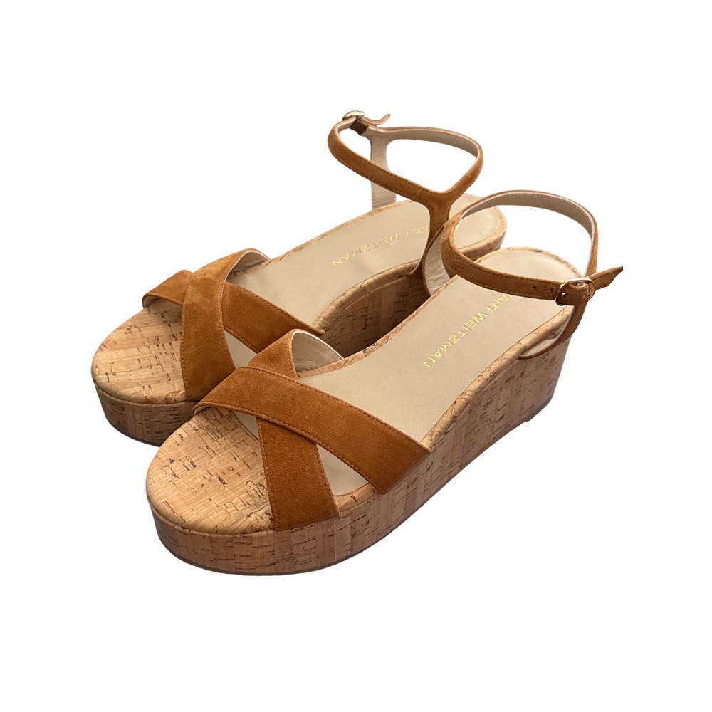Stuart Weitzman Camel Suede Cork Platform Wedge Sandals SK720 Womens 8.5B
